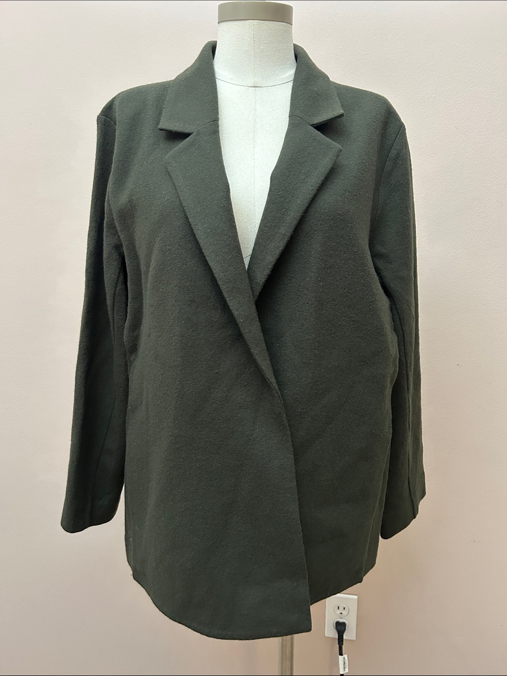Eileen Fisher Olive Green Woodland Boiled Wool Long Blazer XL open front NWOT